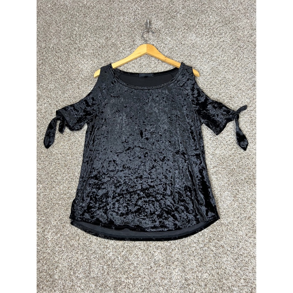 Sanctuary Womens Black Crushed Velvet Cold Shoulder Tie Sleeve Top Large